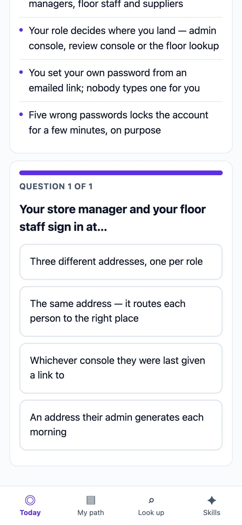 A knowledge check question with four answers to choose from