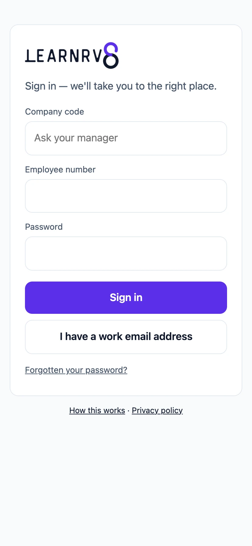 The sign-in screen asking for company code, employee number and password