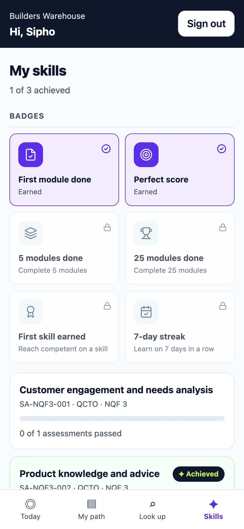 The Skills screen with earned badges and skill progress