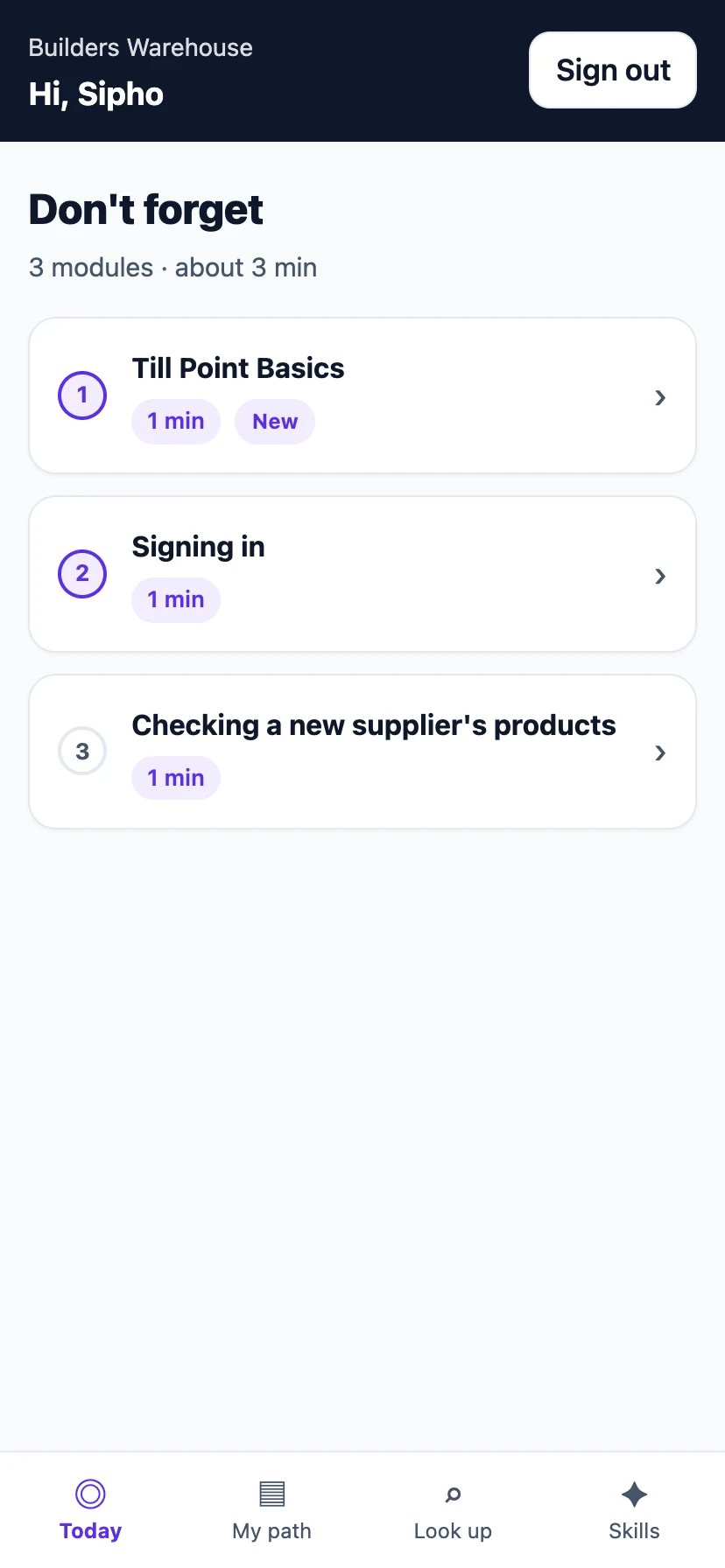 The Today screen listing three modules of about two minutes each